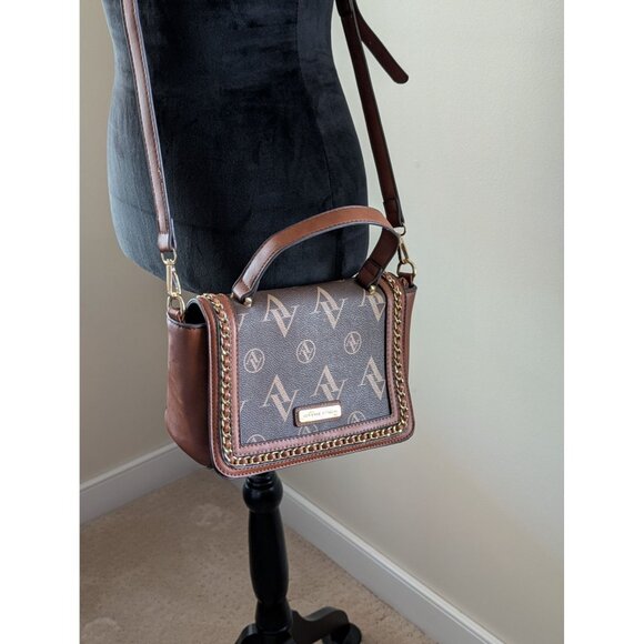 Adrienne Vittadini Brown Monogram Chain Strap Crossbody Bag Faux Leather - Picture 14 of 16